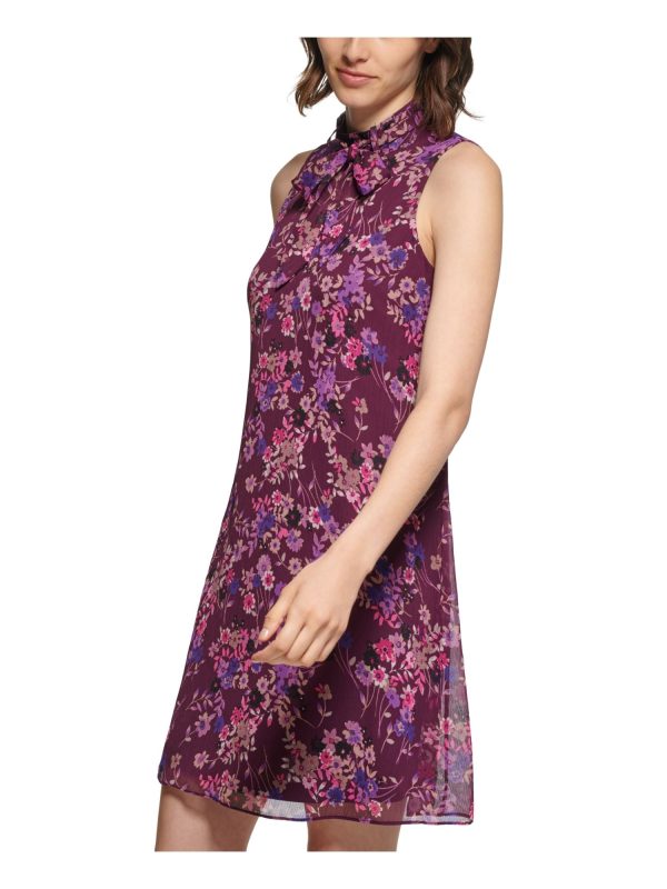 CALVIN KLEIN Womens Purple Tie Zippered Lined Floral Sleeveless Mock Neck Short Party Shift Dress Sale