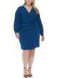 DKNY Womens Teal Zippered Unlined Ruched Twist-side Cuffed Sleeve Surplice Neckline Above The Knee Wear To Work Faux Wrap Dress Discount