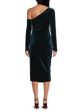 DONNA KARAN NEW YORK Womens Green Zippered Ruched Lined Long Sleeve Asymmetrical Neckline Midi Cocktail Sheath Dress Sale