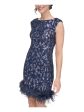 ELIZA J Womens Navy Zippered Lined Feather Trimmed Hem Cap Sleeve Boat Neck Short Party Sheath Dress on Sale