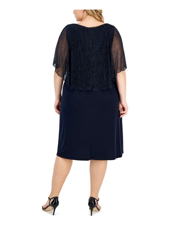 CONNECTED APPAREL Womens Navy Unlined Metallic Mesh Overlay Pullover Flutter Sleeve Round Neck Knee Length Party Shift Dress Online Sale