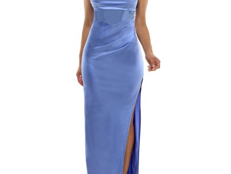 EMERALD SUNDAE Womens Blue Zippered Slitted Padded Gathered Adjustable Spaghetti Strap Cowl Neck Full-Length Formal Empire Waist Dress Online now