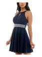 EMERALD SUNDAE Womens Navy Zippered Wide Rhinestone-trim Waist Sleeveless Keyhole Short Party Fit + Flare Dress Online Hot Sale