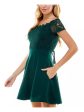 CITY STUDIO Womens Green Scalloped Pocketed Corset-laced Back Zippered Short Sleeve Off Shoulder Short Party Fit + Flare Dress Hot on Sale