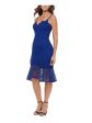 GUESS Womens Blue Zippered Lined Flounce-hem Spaghetti Strap Sweetheart Neckline Knee Length Party Body Con Dress For Discount