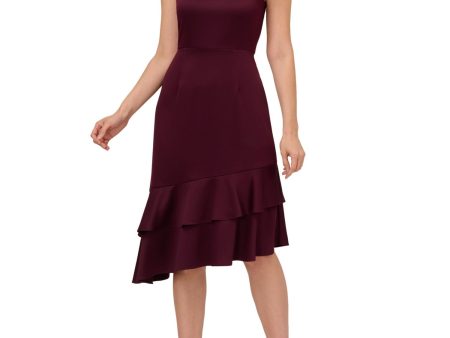 ADRIANNA PAPELL Womens Burgundy Ruched Zippered Double Ruffled Asymmetric Hem Sleeveless Halter Below The Knee Party Fit + Flare Dress Online Hot Sale