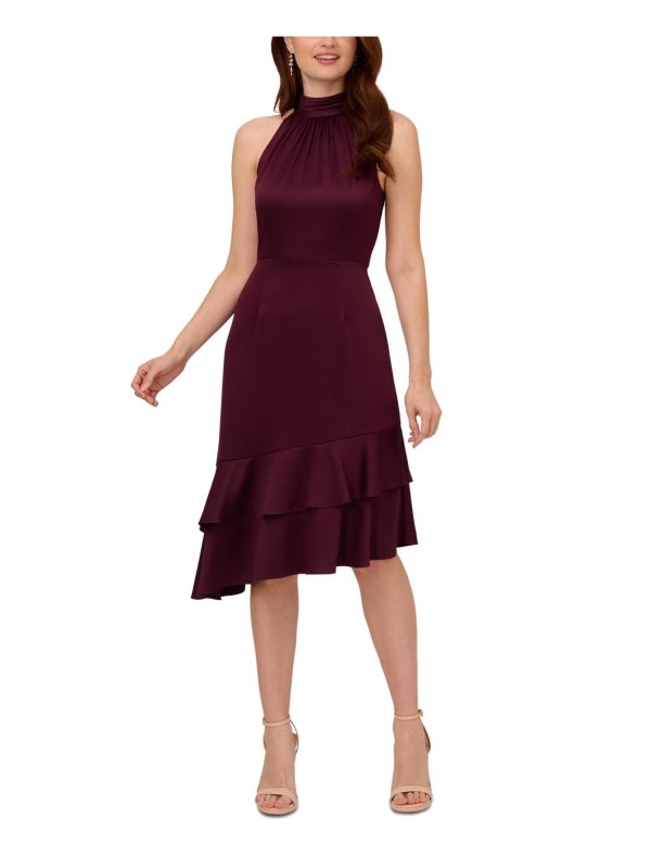 ADRIANNA PAPELL Womens Burgundy Ruched Zippered Double Ruffled Asymmetric Hem Sleeveless Halter Below The Knee Party Fit + Flare Dress Online Hot Sale