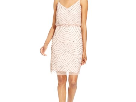 ADRIANNA PAPELL Womens Beaded Geometric Spaghetti Strap V Neck Above The Knee Blouson Dress For Discount