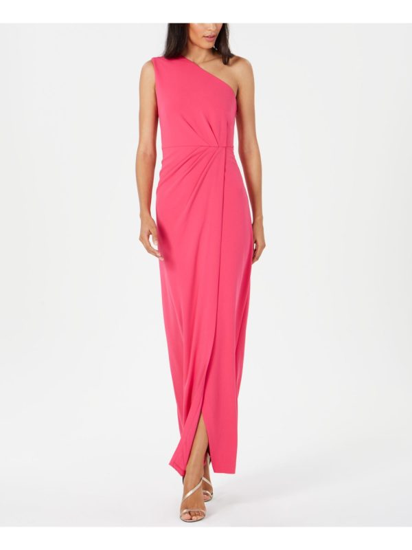 CALVIN KLEIN Womens Pink Ruched Sleeveless Asymmetrical Neckline Maxi Evening Sheath Dress Online Hot Sale