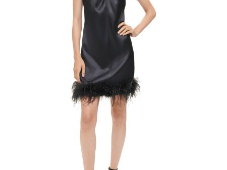 ELIZA J Womens Black Pleated Zippered Twisted Halter Neck Feather Trim Sleeveless Short Party Shift Dress Discount