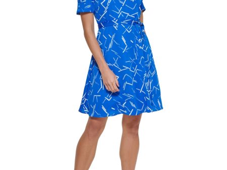 DKNY Womens Blue Pouf Sleeve Crew Neck Evening Fit + Flare Dress Online now