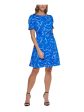 DKNY Womens Blue Pouf Sleeve Crew Neck Evening Fit + Flare Dress Online now