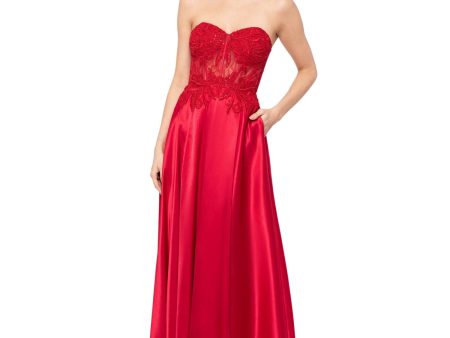 BLONDIE NITES Womens Red Zippered Rhinestone Lace Up Back Illusion-detail Floral Sleeveless Sweetheart Neckline Full-Length Formal Gown Dress Online