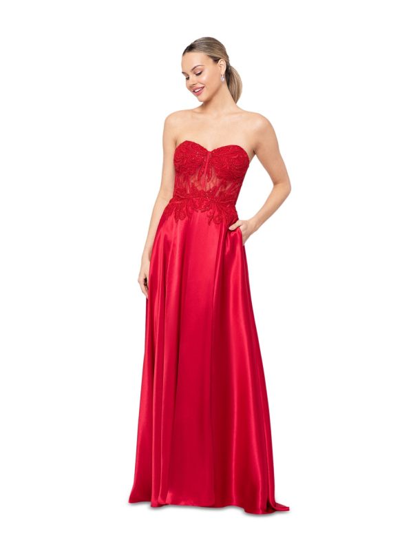 BLONDIE NITES Womens Red Zippered Rhinestone Lace Up Back Illusion-detail Floral Sleeveless Sweetheart Neckline Full-Length Formal Gown Dress Online