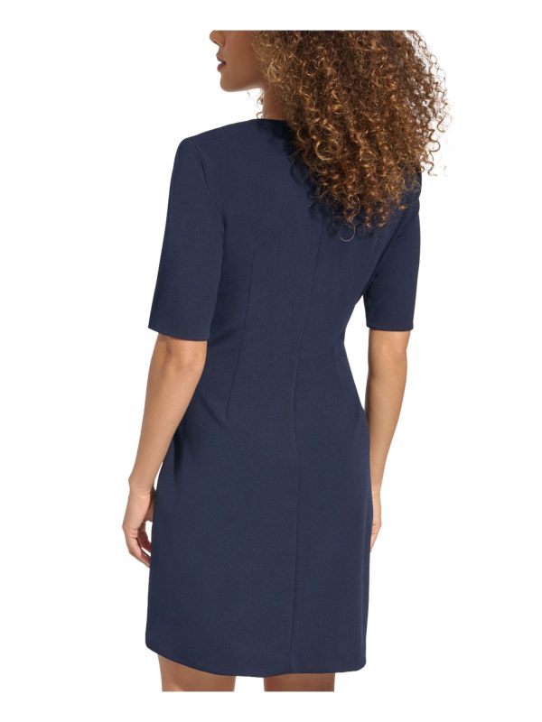 CALVIN KLEIN Womens Navy Twist Front Zippered Unlined Elbow Sleeve V Neck Above The Knee Wear To Work Sheath Dress on Sale