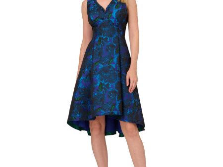 ADRIANNA PAPELL Womens Blue Zippered Pocketed Ruffled Pleated Hi-lo Hem Lined Sleeveless V Neck Below The Knee Party Fit + Flare Dress Supply