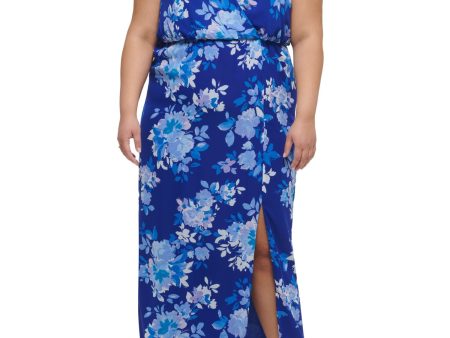 JESSICA HOWARD Womens Blue Zippered Slitted Lined Floral Sleeveless Surplice Neckline Maxi Party Blouson Dress Sale