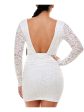 EMERALD SUNDAE Womens White Stretch Lace Open-back Shirred Long Sleeve Round Neck Mini Cocktail Body Con Dress Fashion