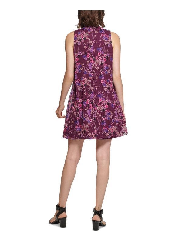 CALVIN KLEIN Womens Purple Tie Zippered Lined Floral Sleeveless Mock Neck Short Party Shift Dress Sale