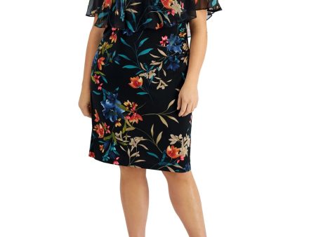 CONNECTED APPAREL Womens Navy Zippered Floral Short Sleeve V Neck Knee Length Sheath Dress For Cheap