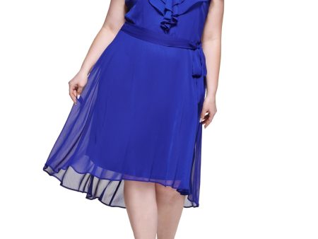 DKNY Womens Blue Zippered Ruffled Sheer Lined Tie Belt Darted Cap Sleeve V Neck Below The Knee Fit + Flare Dress Fashion