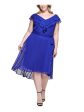 DKNY Womens Blue Zippered Ruffled Sheer Lined Tie Belt Darted Cap Sleeve V Neck Below The Knee Fit + Flare Dress Fashion