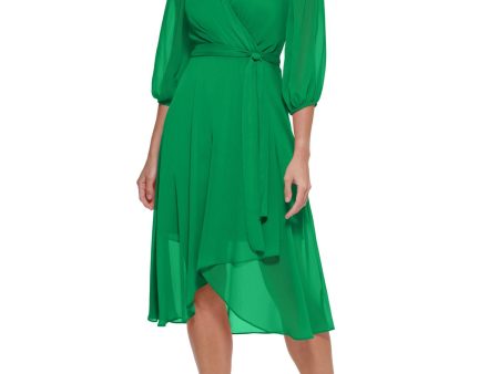 DKNY Womens Green Pleated Zippered Tie-belt Hi-low Hem Lined 3 4 Sleeve Surplice Neckline Midi Wear To Work Faux Wrap Dress Online Sale