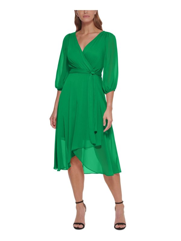 DKNY Womens Green Pleated Zippered Tie-belt Hi-low Hem Lined 3 4 Sleeve Surplice Neckline Midi Wear To Work Faux Wrap Dress Online Sale