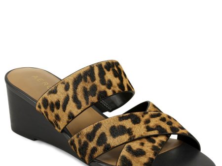 AEROSOLES Womens Brown Leopard Print Crisscross Straps Side Gore Core Comfort Technology Comfort Westfield Almond Toe Wedge Slip On Leather Slide Sandals Shoes W Supply