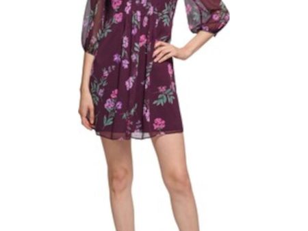 CALVIN KLEIN Womens Purple Pleated Zippered Lined Floral 3 4 Sleeve V Neck Short Wear To Work Shift Dress For Cheap