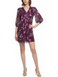 CALVIN KLEIN Womens Purple Pleated Zippered Lined Floral 3 4 Sleeve V Neck Short Wear To Work Shift Dress For Cheap