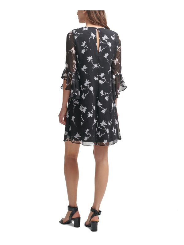 CALVIN KLEIN Womens Black Lined Keyhole Floral Bell Sleeve V Neck Short Shift Dress Online