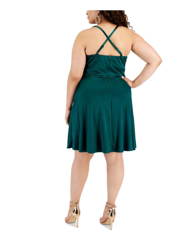 EMERALD SUNDAE Womens Green Zippered Pocketed Crisscross Straps Spaghetti Strap Cowl Neck Above The Knee Party Fit + Flare Dress Sale