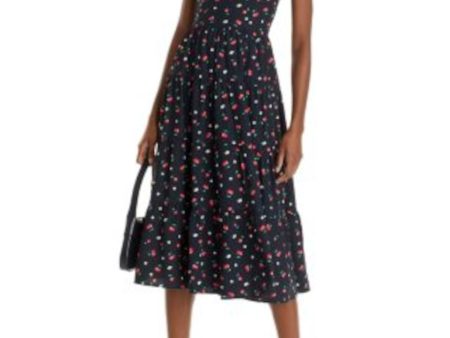 AQUA Womens Navy Lined Smocked Back Tiered Skirt Printed Sleeveless Sweetheart Neckline Midi Fit + Flare Dress Sale