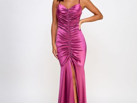 BCX DRESS Womens Purple Slitted Ruched Zippered Spaghetti Strap V Neck Full-Length Formal Mermaid Dress Online now