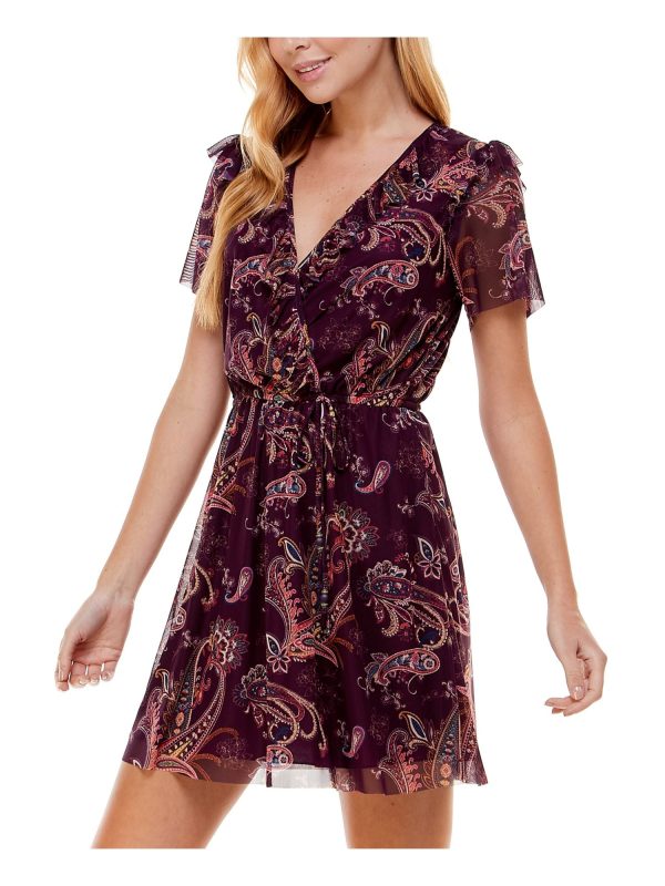 CITY STUDIO Womens Stretch Ruffled Paisley Flutter Sleeve Surplice Neckline Mini Fit + Flare Dress Fashion