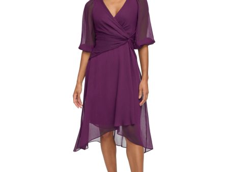 DKNY Womens Purple Zippered Lined Knotted Crossover Hem Balloon Sleeve Surplice Neckline Midi Party Fit + Flare Dress Online