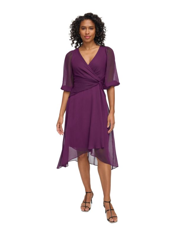 DKNY Womens Purple Zippered Lined Knotted Crossover Hem Balloon Sleeve Surplice Neckline Midi Party Fit + Flare Dress Online