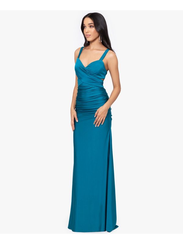 BLONDIE NITES Womens Teal Ruched Zippered Tie Open-back Cutout Sides Lined Sleeveless V Neck Full-Length Formal Gown Dress For Cheap