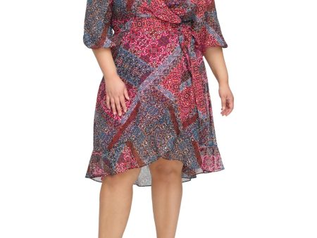 JESSICA HOWARD Womens Pink Ruffled Zippered Tie Front Hi-lo Hem Lined Printed 3 4 Sleeve Surplice Neckline Knee Length Wear To Work Faux Wrap Dress Online Sale