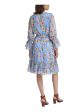 CALVIN KLEIN Womens Blue Ruffled Tie Chiffon Flared Cuffs Floral Keyhole Knee Length Party Fit + Flare Dress Fashion