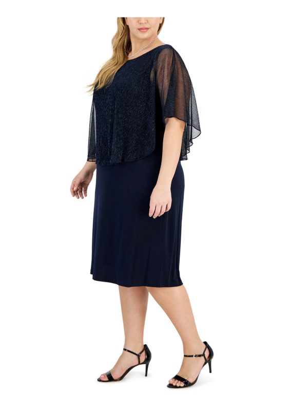 CONNECTED APPAREL Womens Navy Unlined Metallic Mesh Overlay Pullover Flutter Sleeve Round Neck Knee Length Party Shift Dress Online Sale