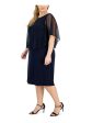 CONNECTED APPAREL Womens Navy Unlined Metallic Mesh Overlay Pullover Flutter Sleeve Round Neck Knee Length Party Shift Dress Online Sale