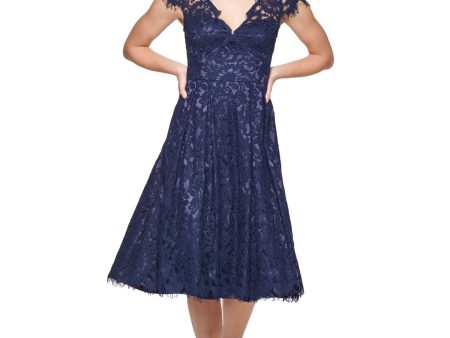 ELIZA J Womens Navy Zippered Scalloped Eyelash Trim Padded Cups Lined Cap Sleeve V Neck Below The Knee Fit + Flare Dress on Sale