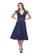 ELIZA J Womens Navy Zippered Scalloped Eyelash Trim Padded Cups Lined Cap Sleeve V Neck Below The Knee Fit + Flare Dress on Sale