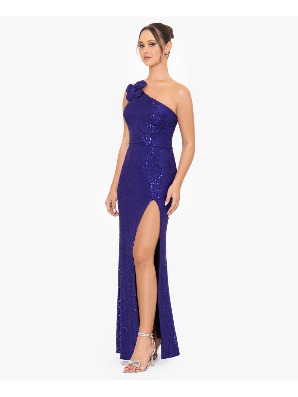 BLONDIE NITES Womens Purple Zippered Slitted Rosette Shoulder Lined Sleeveless Asymmetrical Neckline Full-Length Formal Gown Dress For Discount