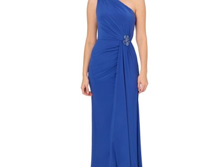 ADRIANNA PAPELL Womens Blue Embellished Zippered Shirred Draped Skirt Lined Sleeveless Asymmetrical Neckline Full-Length Evening Gown Dress Supply