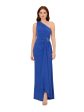 ADRIANNA PAPELL Womens Blue Embellished Zippered Shirred Draped Skirt Lined Sleeveless Asymmetrical Neckline Full-Length Evening Gown Dress Supply