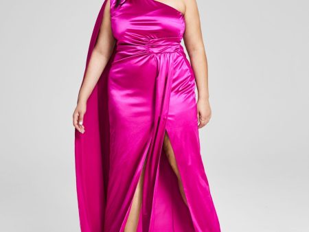 CITY STUDIO Womens Pink Zippered Slitted Ruched Waist Flyaway Cape Sleeveless Asymmetrical Neckline Full-Length Prom Gown Dress Discount