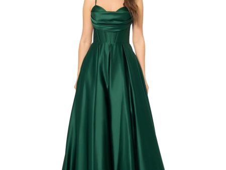 BLONDIE NITES Womens Green Zippered Pocketed Pleated Lace Up Back Boning Spaghetti Strap Sweetheart Neckline Full-Length Formal Gown Dress Online now